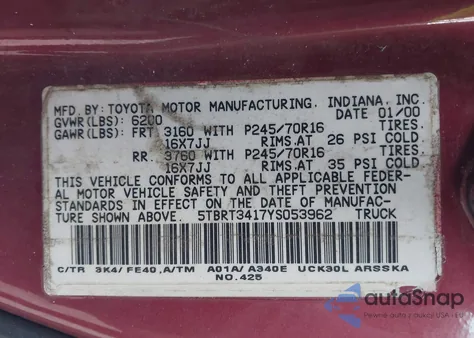 2000 Toyota Tundra Sr5 V8 z USA, uszkodzony, nr VIN 5TBRT3417YS053962